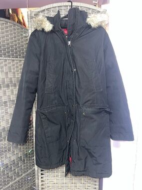 Calvin Klein Black Shell with Red Quilted Lining Jacket. Some Staining on Back.